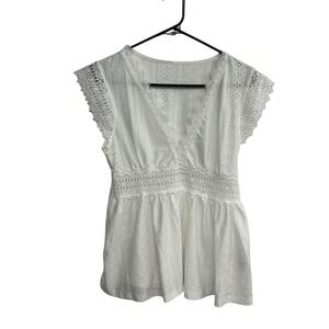 White Eyelet Lace Babydoll Blouse M Romantic‎ Cottagecore Feminine Dollete
